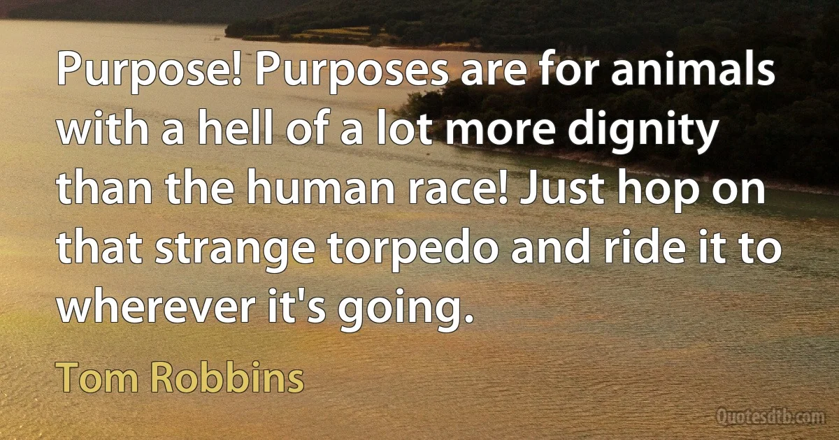 Purpose! Purposes are for animals with a hell of a lot more dignity than the human race! Just hop on that strange torpedo and ride it to wherever it's going. (Tom Robbins)