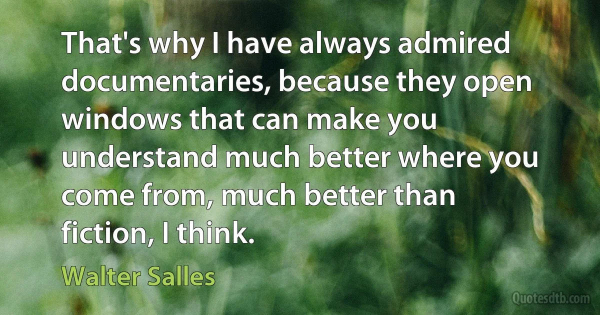 That's why I have always admired documentaries, because they open windows that can make you understand much better where you come from, much better than fiction, I think. (Walter Salles)