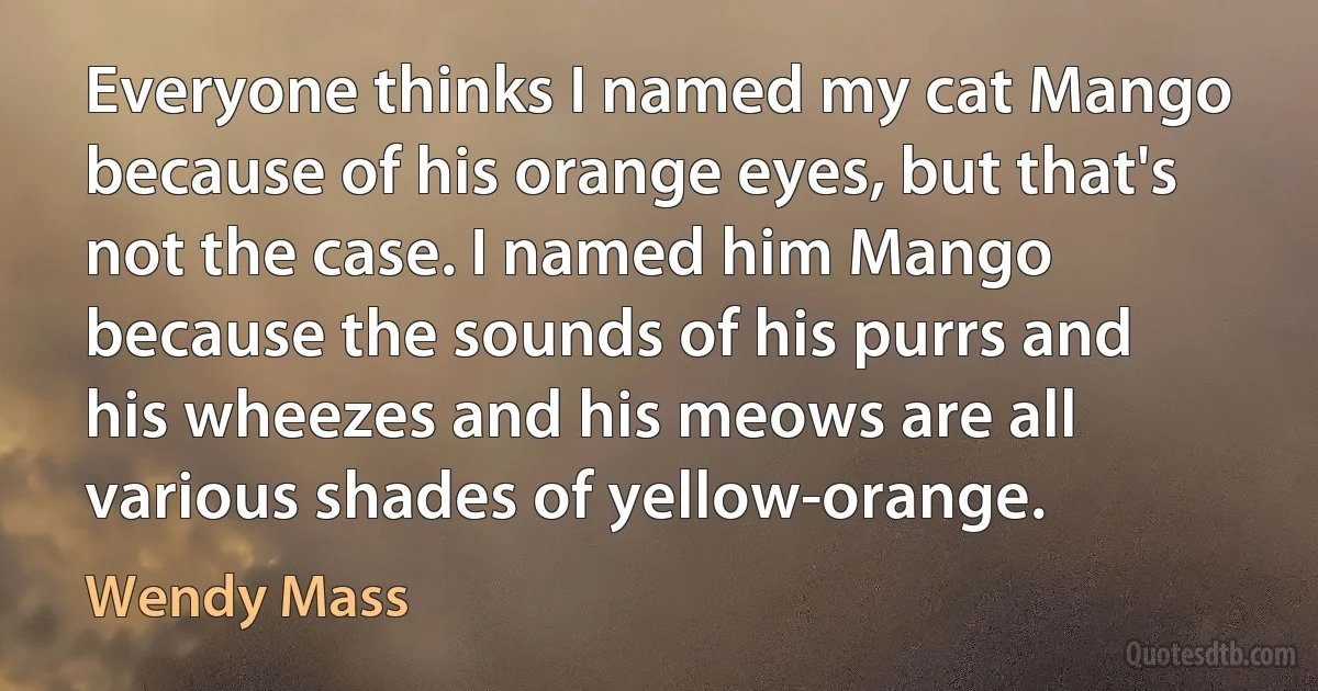 Everyone thinks I named my cat Mango because of his orange eyes, but that's not the case. I named him Mango because the sounds of his purrs and his wheezes and his meows are all various shades of yellow-orange. (Wendy Mass)