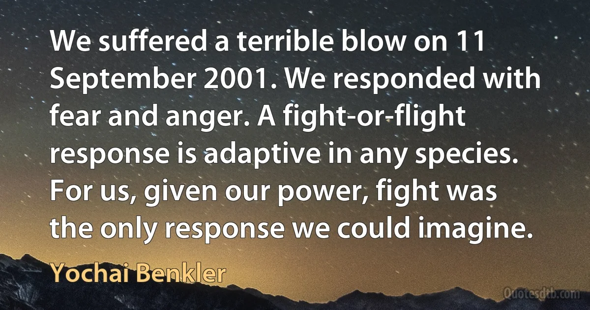 We suffered a terrible blow on 11 September 2001. We responded with fear and anger. A fight-or-flight response is adaptive in any species. For us, given our power, fight was the only response we could imagine. (Yochai Benkler)