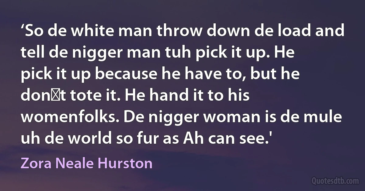 ‘So de white man throw down de load and tell de nigger man tuh pick it up. He pick it up because he have to, but he donʼt tote it. He hand it to his womenfolks. De nigger woman is de mule uh de world so fur as Ah can see.' (Zora Neale Hurston)