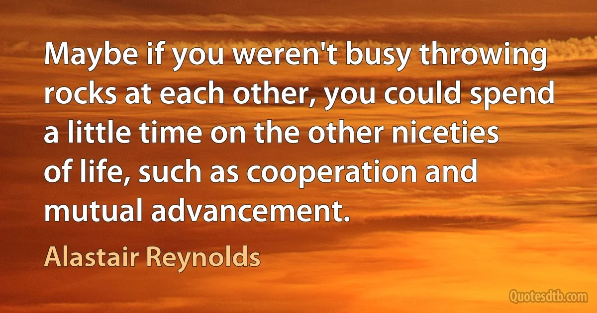 Maybe if you weren't busy throwing rocks at each other, you could spend a little time on the other niceties of life, such as cooperation and mutual advancement. (Alastair Reynolds)