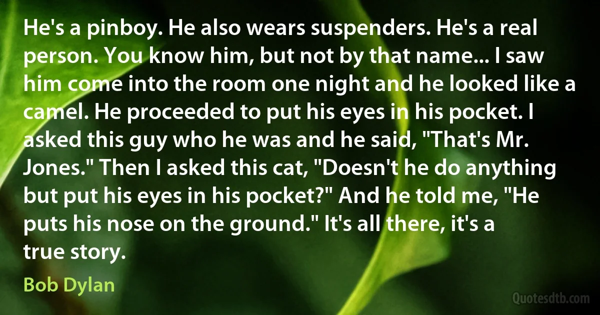 He's a pinboy. He also wears suspenders. He's a real person. You know him, but not by that name... I saw him come into the room one night and he looked like a camel. He proceeded to put his eyes in his pocket. I asked this guy who he was and he said, "That's Mr. Jones." Then I asked this cat, "Doesn't he do anything but put his eyes in his pocket?" And he told me, "He puts his nose on the ground." It's all there, it's a true story. (Bob Dylan)