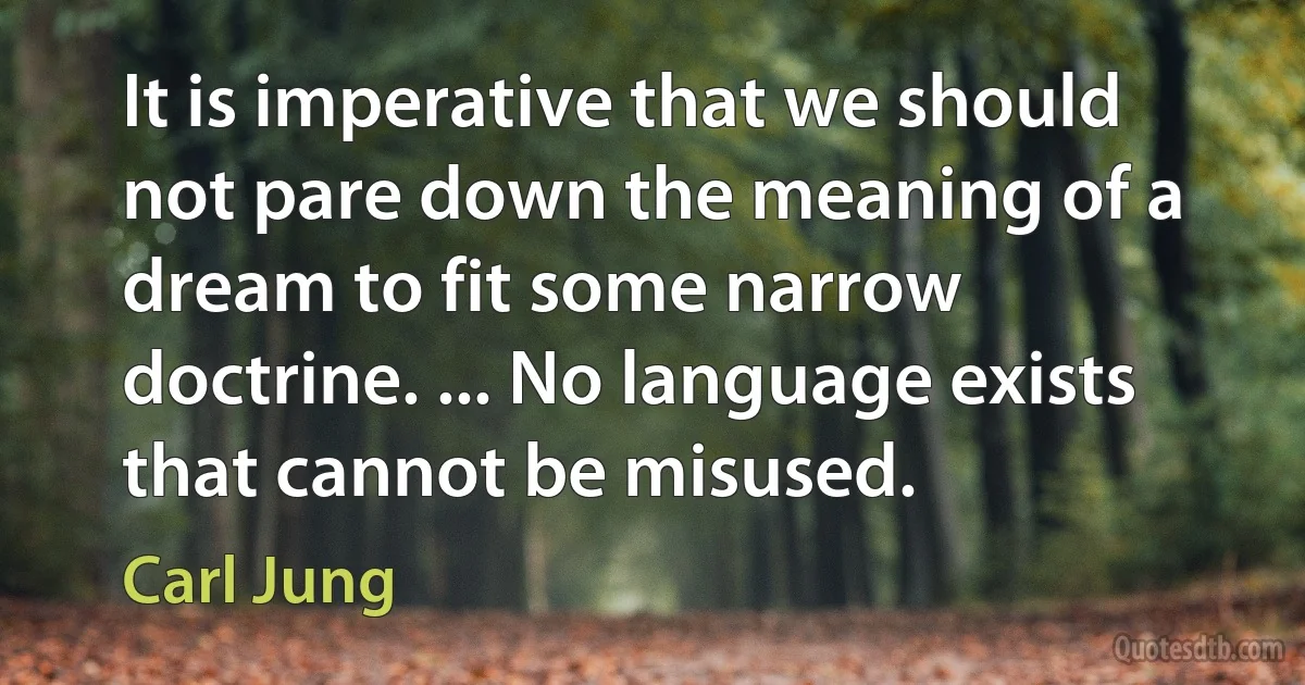 It is imperative that we should not pare down the meaning of a dream to fit some narrow doctrine. ... No language exists that cannot be misused. (Carl Jung)