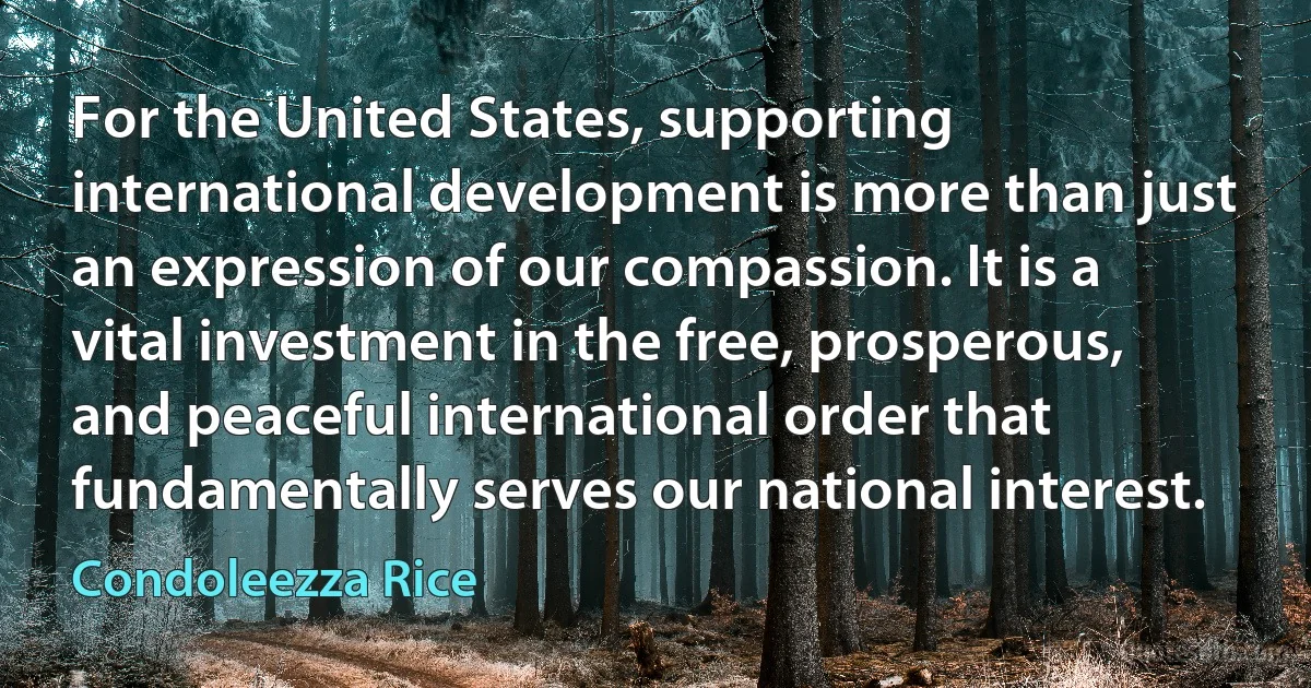 For the United States, supporting international development is more than just an expression of our compassion. It is a vital investment in the free, prosperous, and peaceful international order that fundamentally serves our national interest. (Condoleezza Rice)