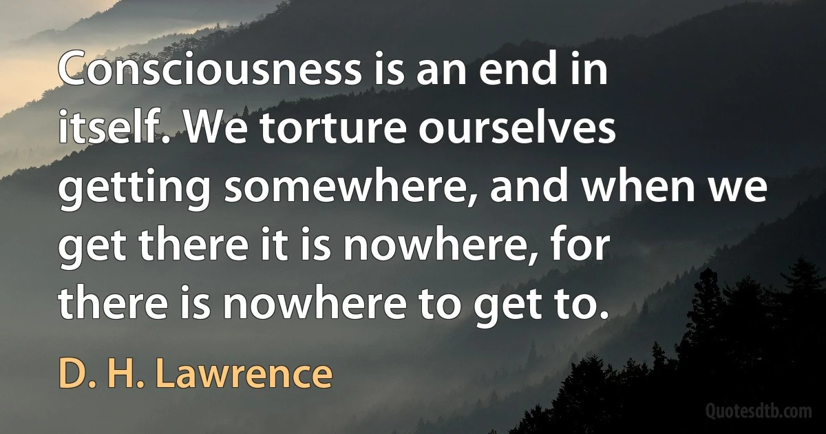 Consciousness is an end in itself. We torture ourselves getting somewhere, and when we get there it is nowhere, for there is nowhere to get to. (D. H. Lawrence)