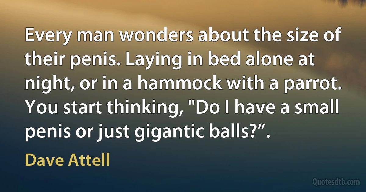 Every man wonders about the size of their penis. Laying in bed alone at night, or in a hammock with a parrot. You start thinking, "Do I have a small penis or just gigantic balls?”. (Dave Attell)