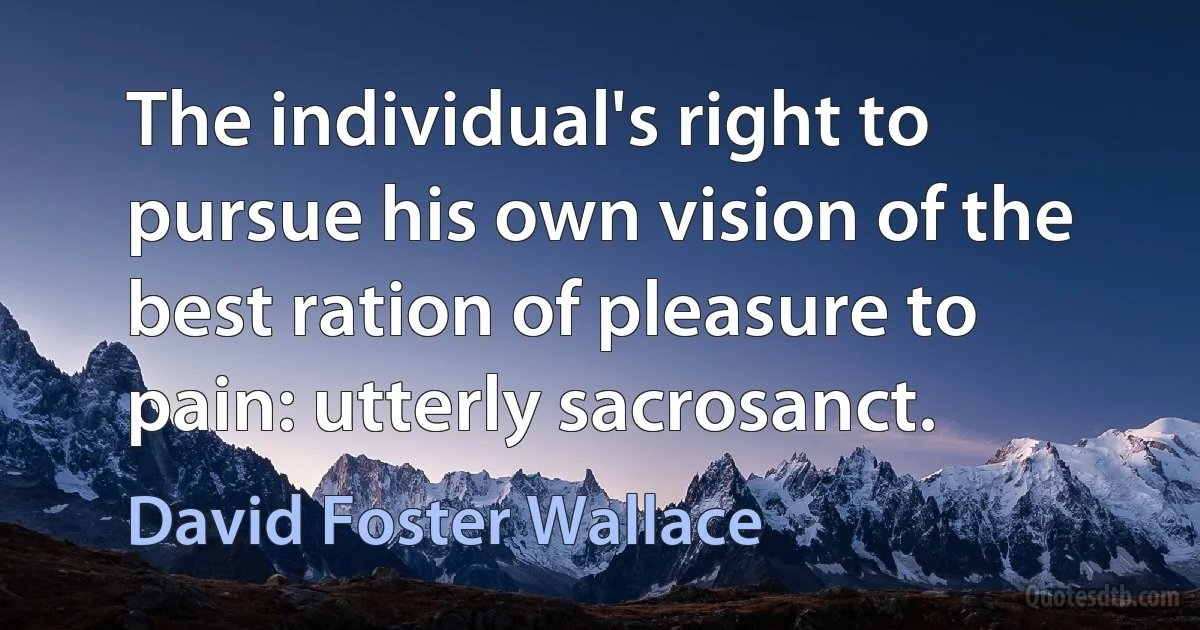 The individual's right to pursue his own vision of the best ration of pleasure to pain: utterly sacrosanct. (David Foster Wallace)