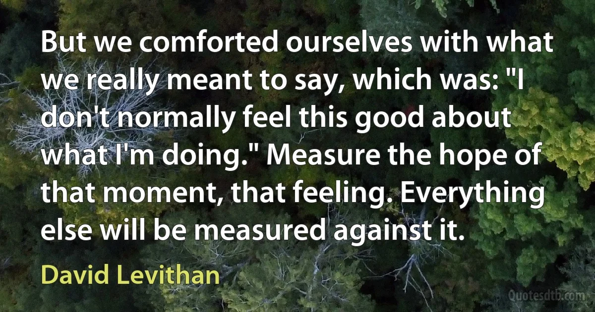 But we comforted ourselves with what we really meant to say, which was: "I don't normally feel this good about what I'm doing." Measure the hope of that moment, that feeling. Everything else will be measured against it. (David Levithan)