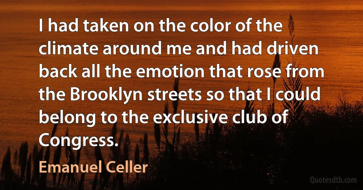 I had taken on the color of the climate around me and had driven back all the emotion that rose from the Brooklyn streets so that I could belong to the exclusive club of Congress. (Emanuel Celler)