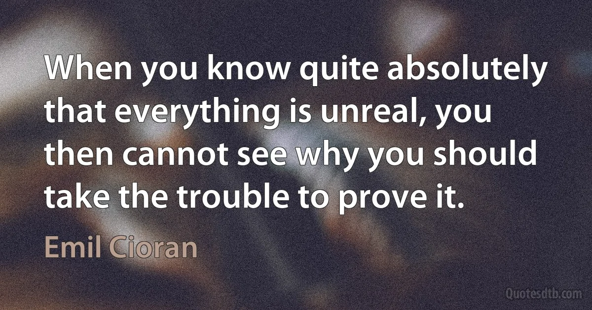 When you know quite absolutely that everything is unreal, you then cannot see why you should take the trouble to prove it. (Emil Cioran)