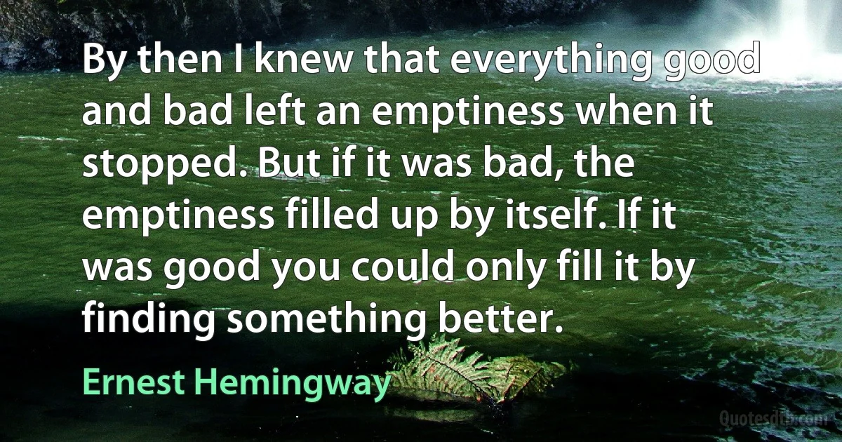 By then I knew that everything good and bad left an emptiness when it stopped. But if it was bad, the emptiness filled up by itself. If it was good you could only fill it by finding something better. (Ernest Hemingway)