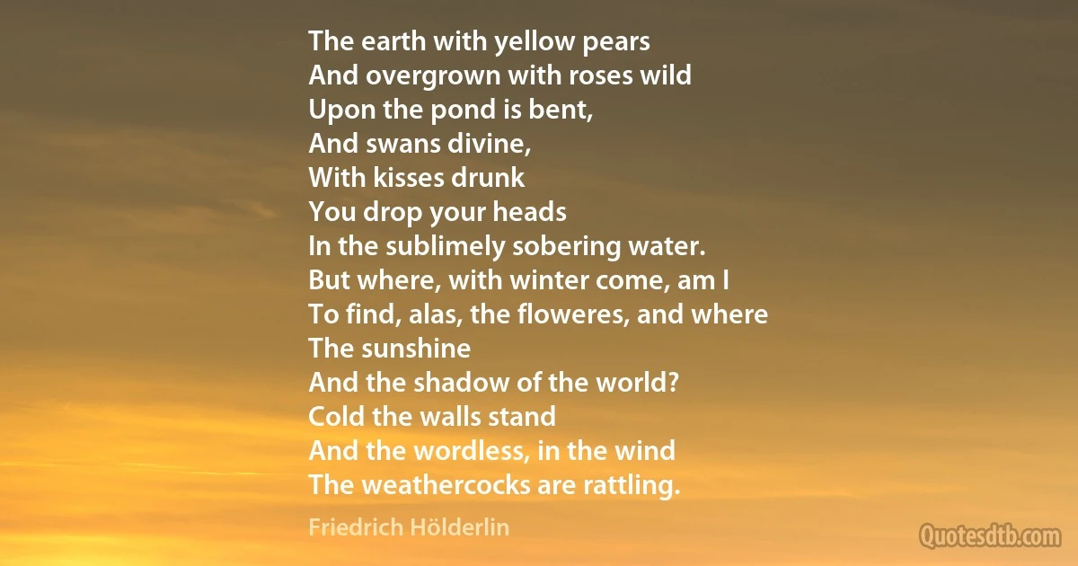 The earth with yellow pears
And overgrown with roses wild
Upon the pond is bent,
And swans divine,
With kisses drunk
You drop your heads
In the sublimely sobering water.
But where, with winter come, am I
To find, alas, the floweres, and where
The sunshine
And the shadow of the world?
Cold the walls stand
And the wordless, in the wind
The weathercocks are rattling. (Friedrich Hölderlin)