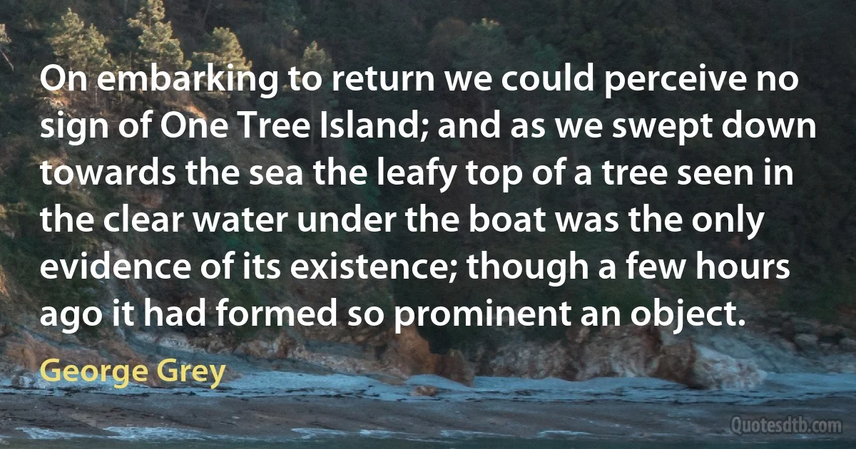 On embarking to return we could perceive no sign of One Tree Island; and as we swept down towards the sea the leafy top of a tree seen in the clear water under the boat was the only evidence of its existence; though a few hours ago it had formed so prominent an object. (George Grey)