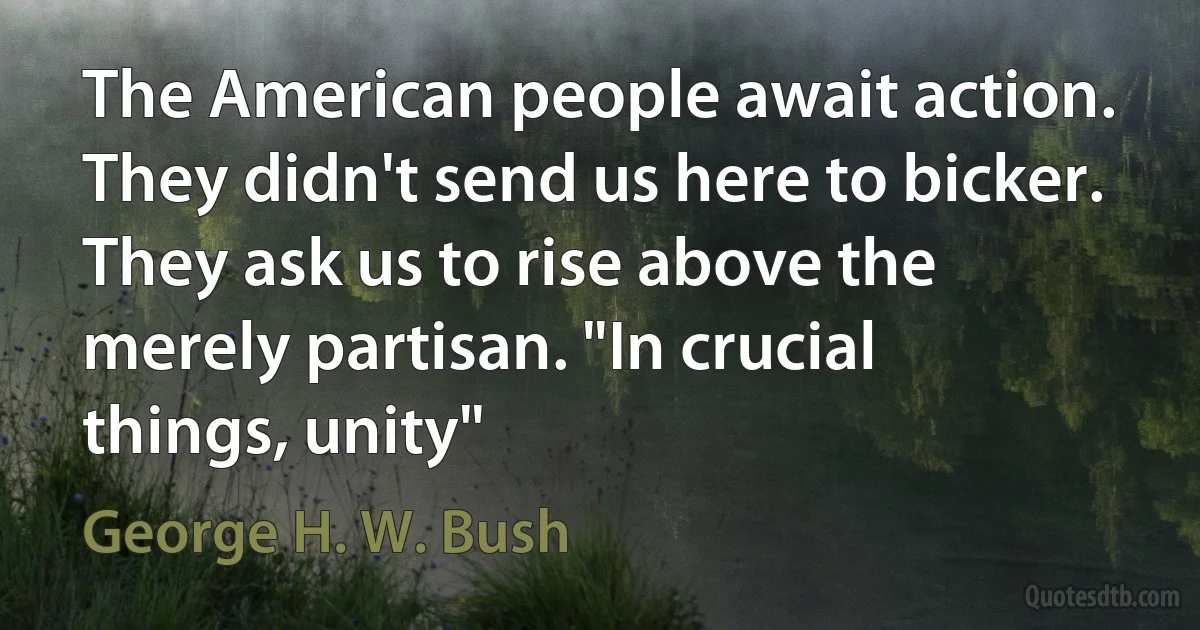 The American people await action. They didn't send us here to bicker. They ask us to rise above the merely partisan. "In crucial things, unity" (George H. W. Bush)