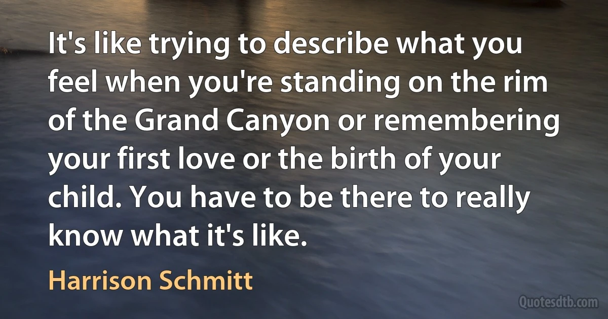 It's like trying to describe what you feel when you're standing on the rim of the Grand Canyon or remembering your first love or the birth of your child. You have to be there to really know what it's like. (Harrison Schmitt)