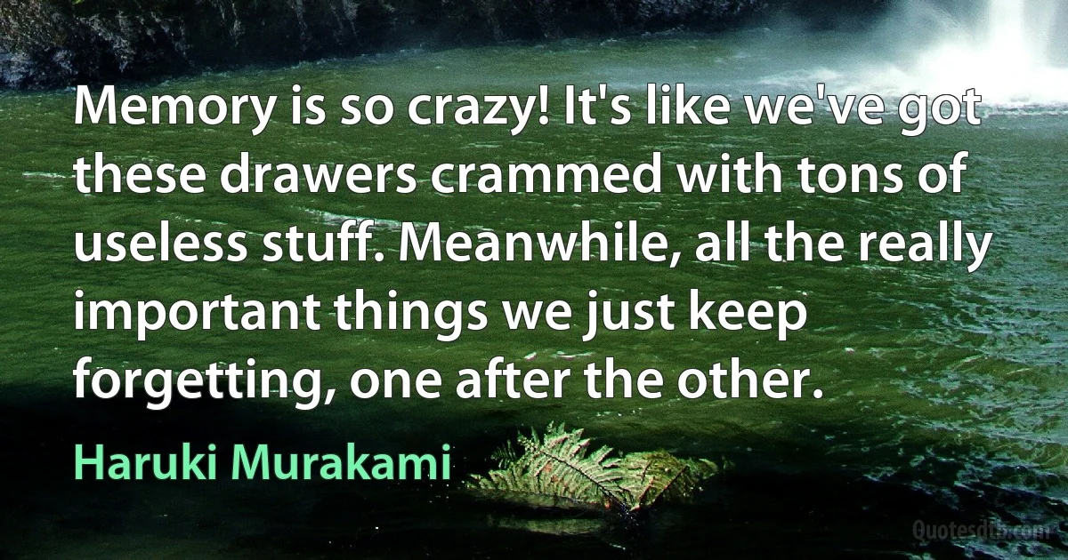 Memory is so crazy! It's like we've got these drawers crammed with tons of useless stuff. Meanwhile, all the really important things we just keep forgetting, one after the other. (Haruki Murakami)