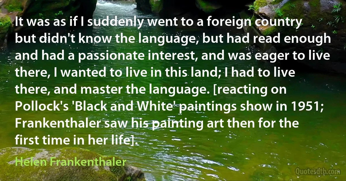 It was as if I suddenly went to a foreign country but didn't know the language, but had read enough and had a passionate interest, and was eager to live there, I wanted to live in this land; I had to live there, and master the language. [reacting on Pollock's 'Black and White' paintings show in 1951; Frankenthaler saw his painting art then for the first time in her life]. (Helen Frankenthaler)