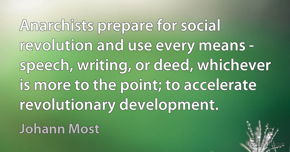 Anarchists prepare for social revolution and use every means - speech, writing, or deed, whichever is more to the point; to accelerate revolutionary development. (Johann Most)