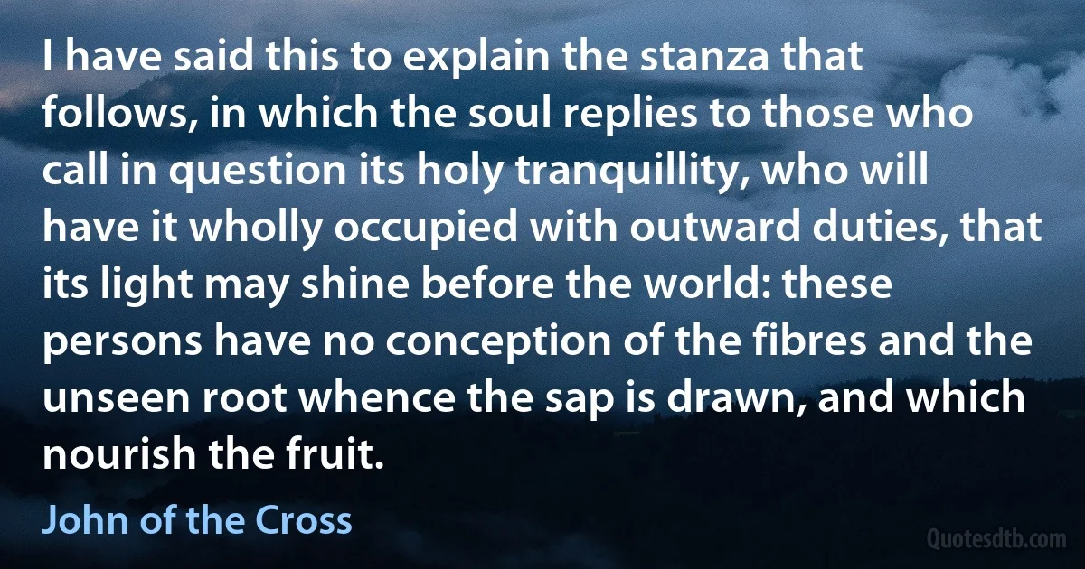 I have said this to explain the stanza that follows, in which the soul replies to those who call in question its holy tranquillity, who will have it wholly occupied with outward duties, that its light may shine before the world: these persons have no conception of the fibres and the unseen root whence the sap is drawn, and which nourish the fruit. (John of the Cross)