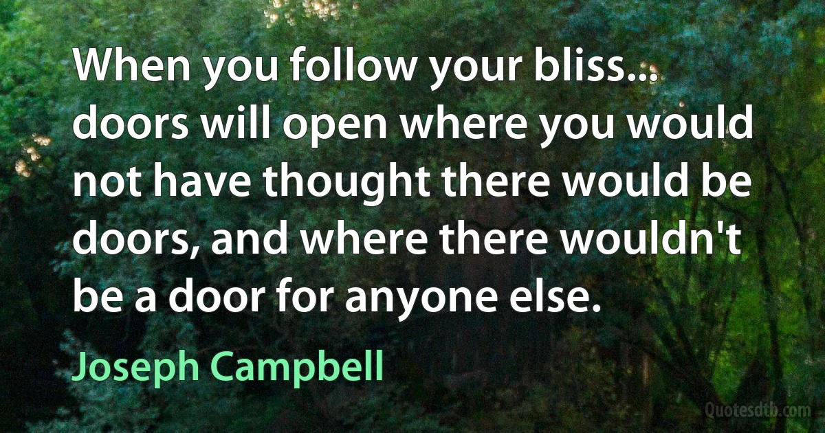 When you follow your bliss... doors will open where you would not have thought there would be doors, and where there wouldn't be a door for anyone else. (Joseph Campbell)