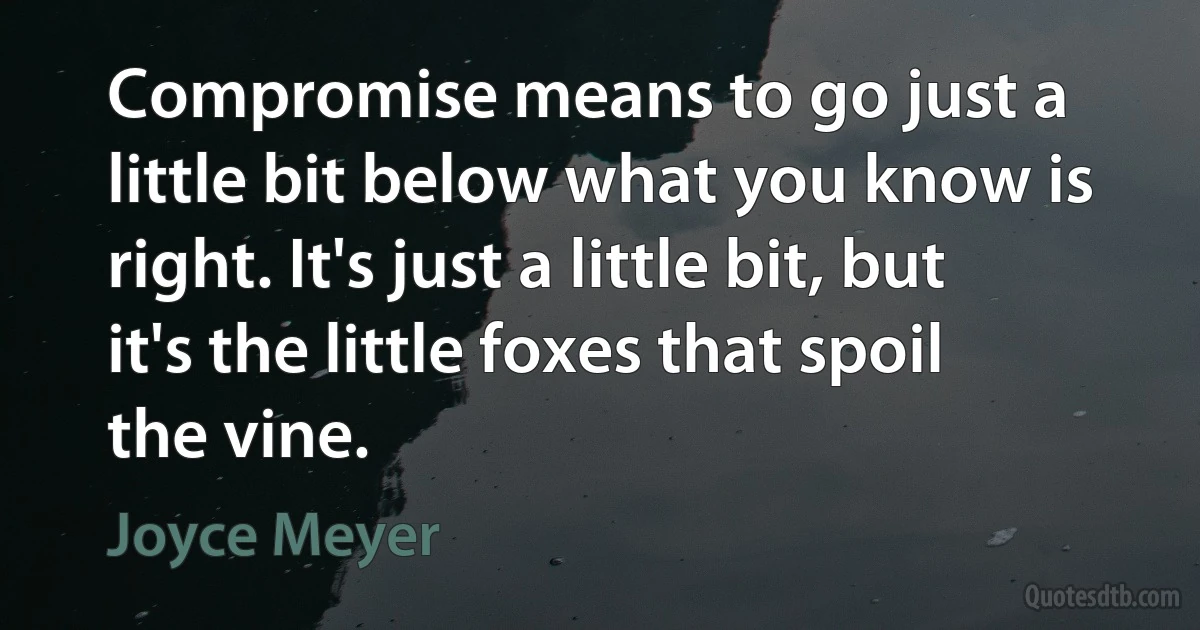 Compromise means to go just a little bit below what you know is right. It's just a little bit, but it's the little foxes that spoil the vine. (Joyce Meyer)