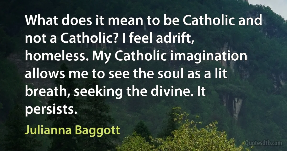 What does it mean to be Catholic and not a Catholic? I feel adrift, homeless. My Catholic imagination allows me to see the soul as a lit breath, seeking the divine. It persists. (Julianna Baggott)