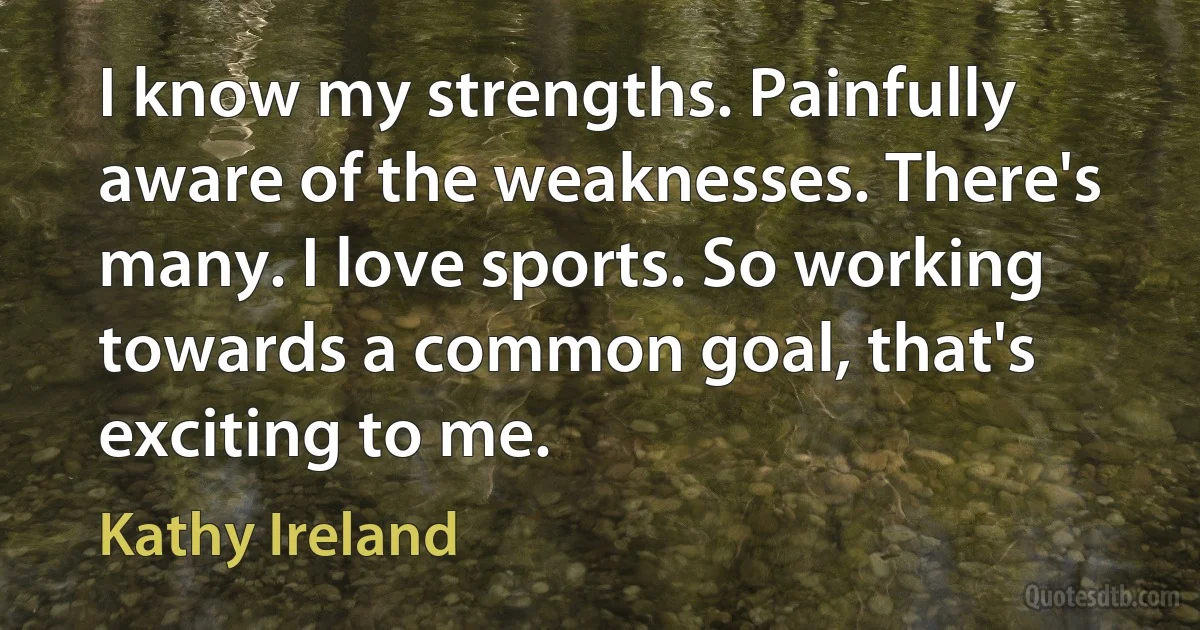 I know my strengths. Painfully aware of the weaknesses. There's many. I love sports. So working towards a common goal, that's exciting to me. (Kathy Ireland)