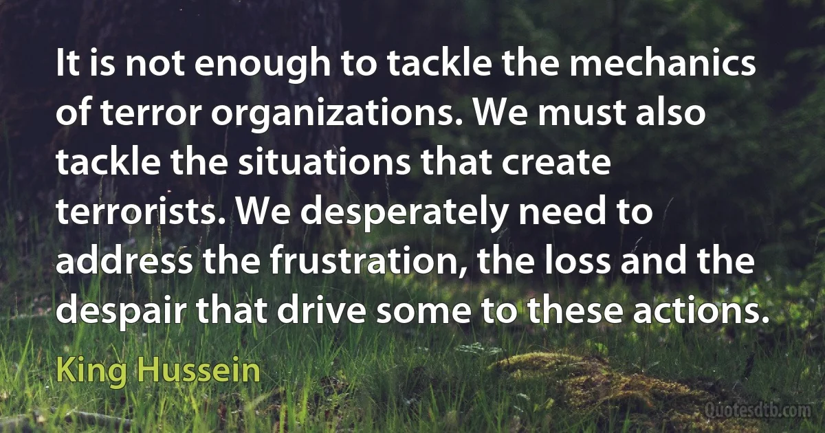 It is not enough to tackle the mechanics of terror organizations. We must also tackle the situations that create terrorists. We desperately need to address the frustration, the loss and the despair that drive some to these actions. (King Hussein)