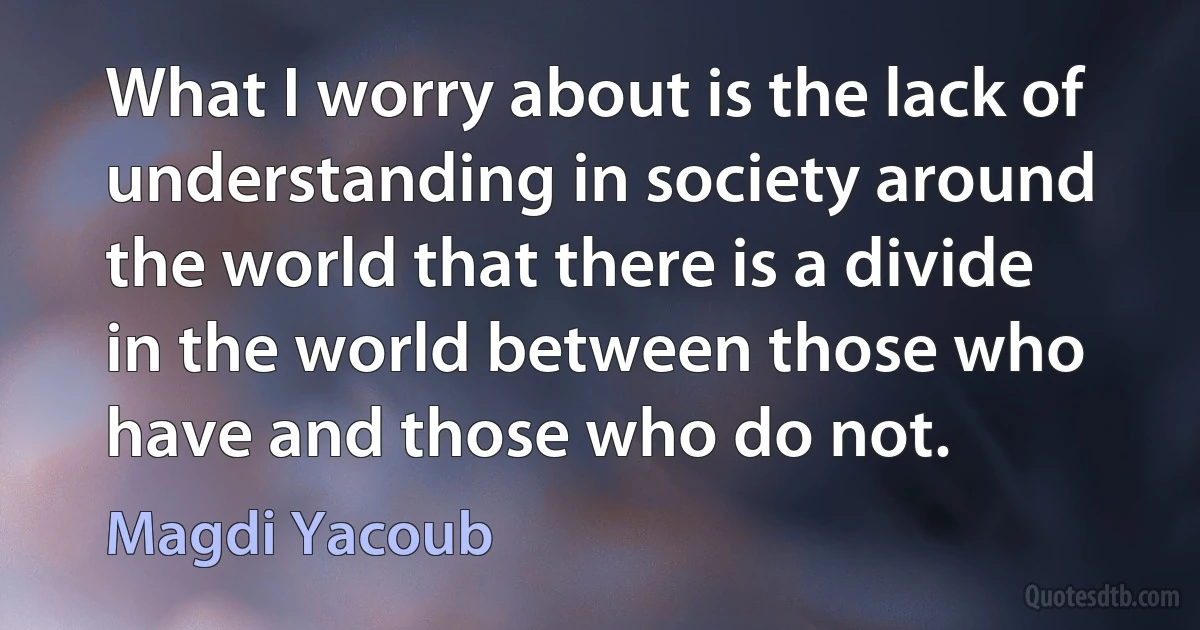 What I worry about is the lack of understanding in society around the world that there is a divide in the world between those who have and those who do not. (Magdi Yacoub)