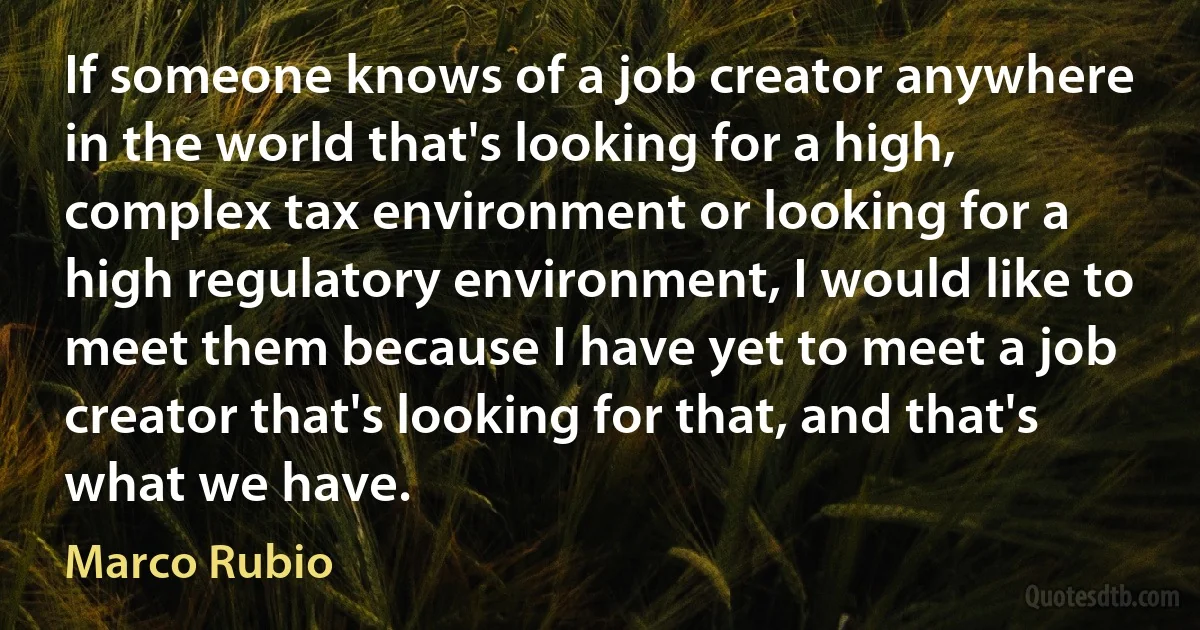 If someone knows of a job creator anywhere in the world that's looking for a high, complex tax environment or looking for a high regulatory environment, I would like to meet them because I have yet to meet a job creator that's looking for that, and that's what we have. (Marco Rubio)