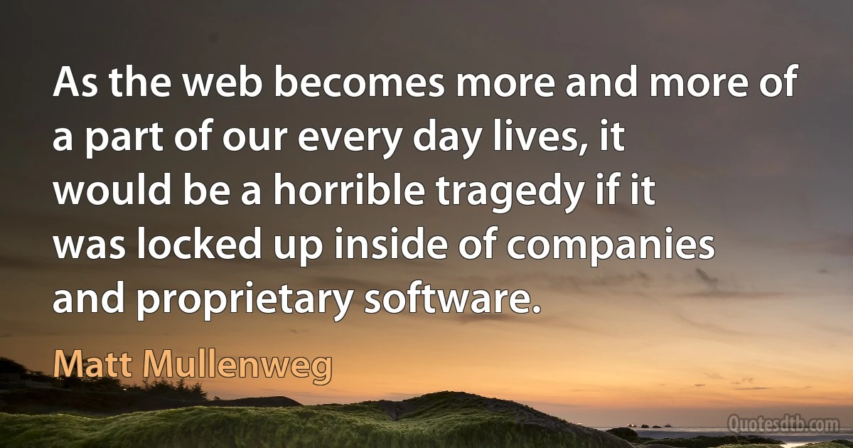 As the web becomes more and more of a part of our every day lives, it would be a horrible tragedy if it was locked up inside of companies and proprietary software. (Matt Mullenweg)