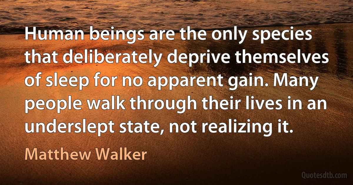 Human beings are the only species that deliberately deprive themselves of sleep for no apparent gain. Many people walk through their lives in an underslept state, not realizing it. (Matthew Walker)