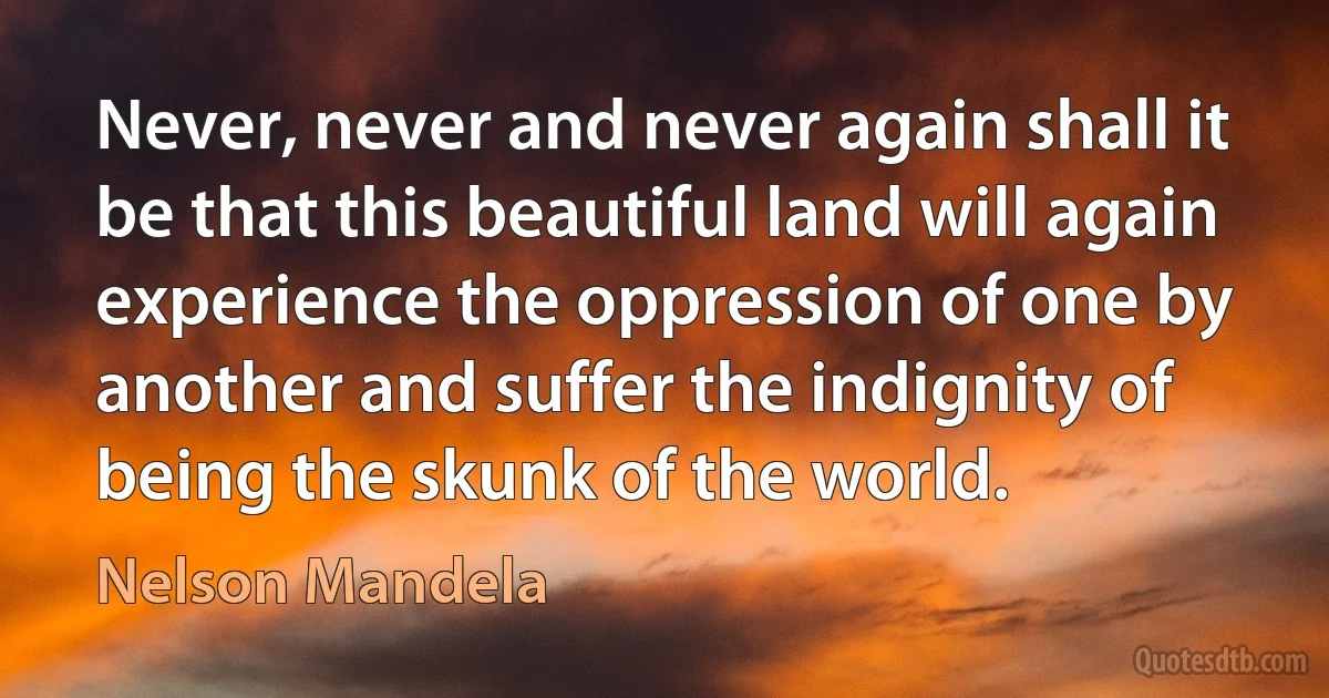 Never, never and never again shall it be that this beautiful land will again experience the oppression of one by another and suffer the indignity of being the skunk of the world. (Nelson Mandela)