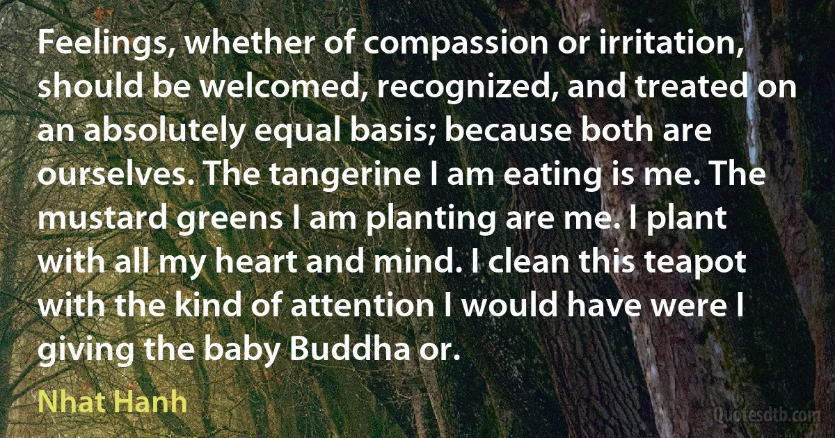 Feelings, whether of compassion or irritation, should be welcomed, recognized, and treated on an absolutely equal basis; because both are ourselves. The tangerine I am eating is me. The mustard greens I am planting are me. I plant with all my heart and mind. I clean this teapot with the kind of attention I would have were I giving the baby Buddha or. (Nhat Hanh)