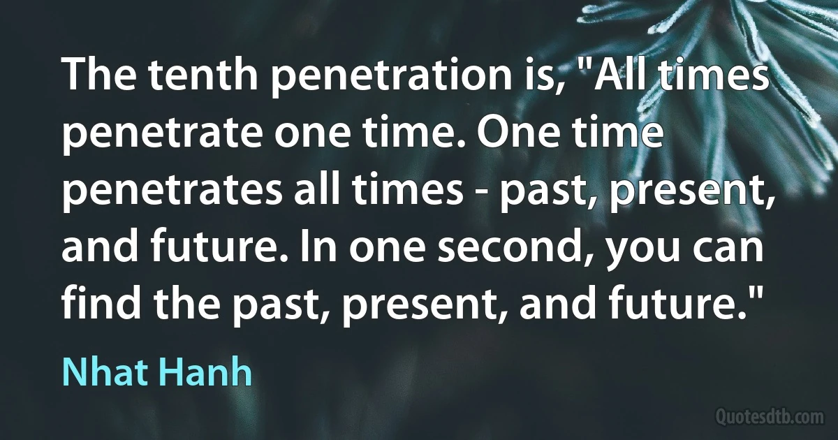 The tenth penetration is, "All times penetrate one time. One time penetrates all times - past, present, and future. In one second, you can find the past, present, and future." (Nhat Hanh)