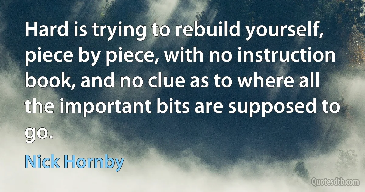 Hard is trying to rebuild yourself, piece by piece, with no instruction book, and no clue as to where all the important bits are supposed to go. (Nick Hornby)