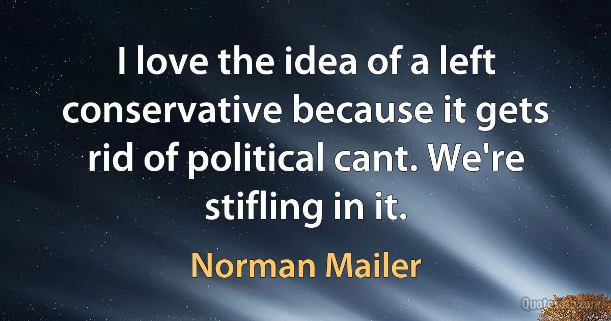 I love the idea of a left conservative because it gets rid of political cant. We're stifling in it. (Norman Mailer)