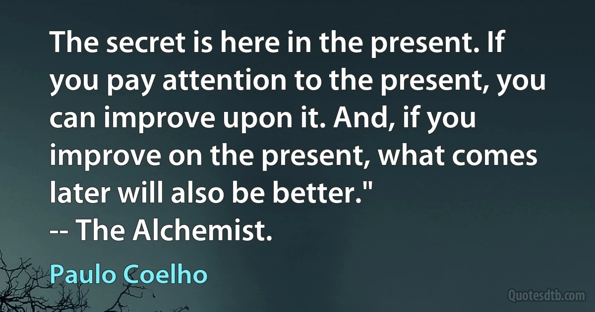 The secret is here in the present. If you pay attention to the present, you can improve upon it. And, if you improve on the present, what comes later will also be better."
-- The Alchemist. (Paulo Coelho)