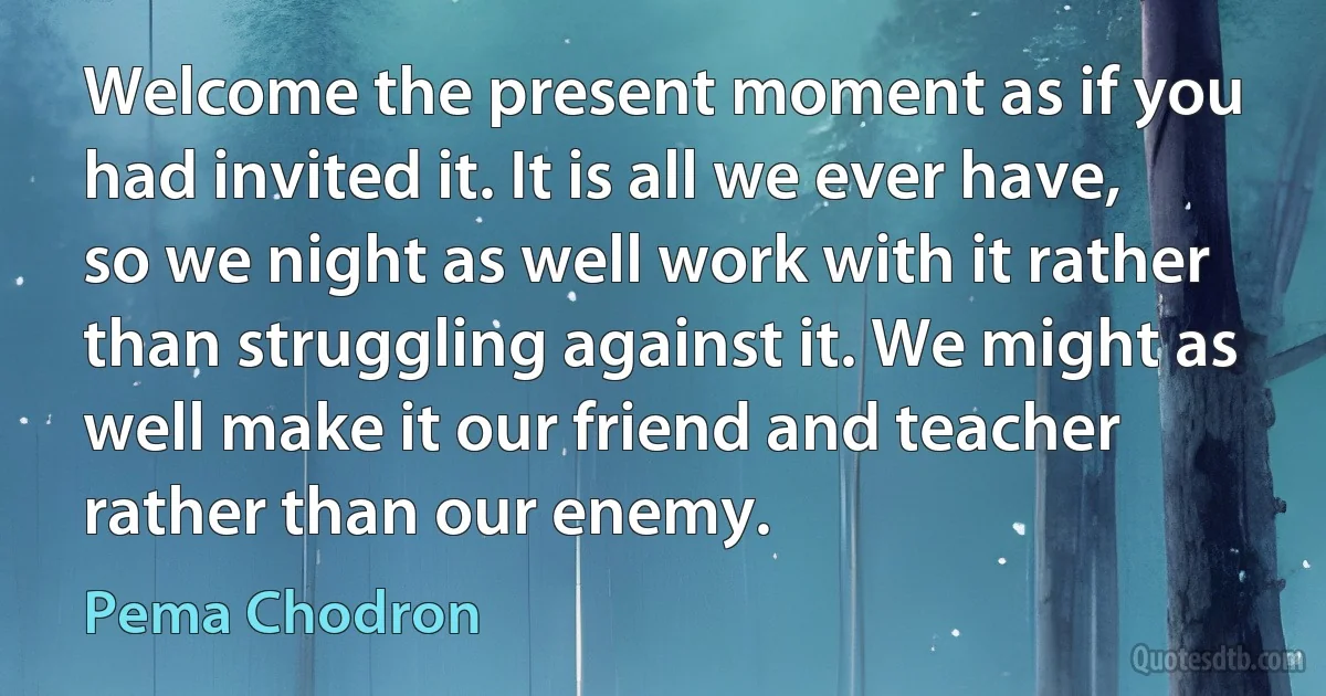 Welcome the present moment as if you had invited it. It is all we ever have, so we night as well work with it rather than struggling against it. We might as well make it our friend and teacher rather than our enemy. (Pema Chodron)