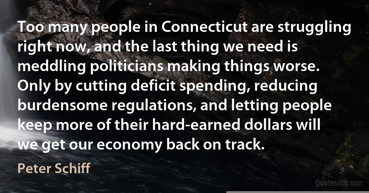 Too many people in Connecticut are struggling right now, and the last thing we need is meddling politicians making things worse. Only by cutting deficit spending, reducing burdensome regulations, and letting people keep more of their hard-earned dollars will we get our economy back on track. (Peter Schiff)