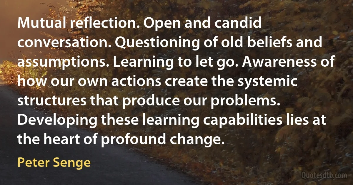 Mutual reflection. Open and candid conversation. Questioning of old beliefs and assumptions. Learning to let go. Awareness of how our own actions create the systemic structures that produce our problems. Developing these learning capabilities lies at the heart of profound change. (Peter Senge)