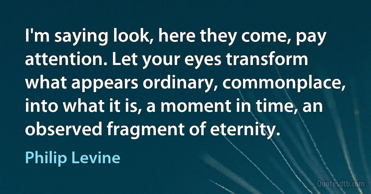 I'm saying look, here they come, pay attention. Let your eyes transform what appears ordinary, commonplace, into what it is, a moment in time, an observed fragment of eternity. (Philip Levine)