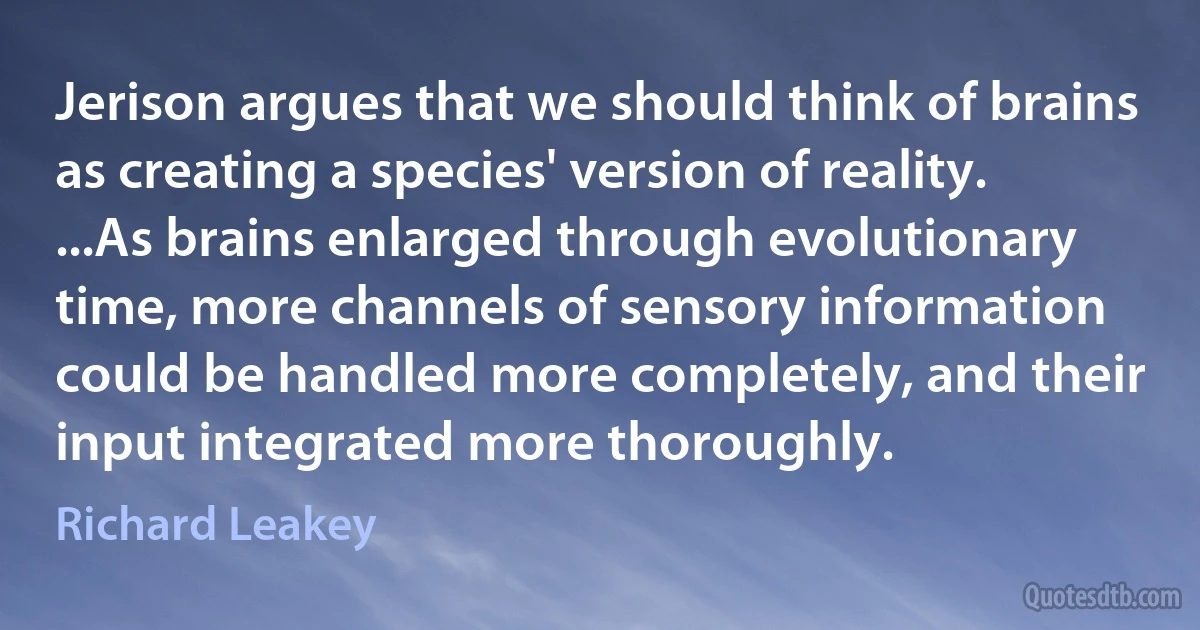 Jerison argues that we should think of brains as creating a species' version of reality. ...As brains enlarged through evolutionary time, more channels of sensory information could be handled more completely, and their input integrated more thoroughly. (Richard Leakey)