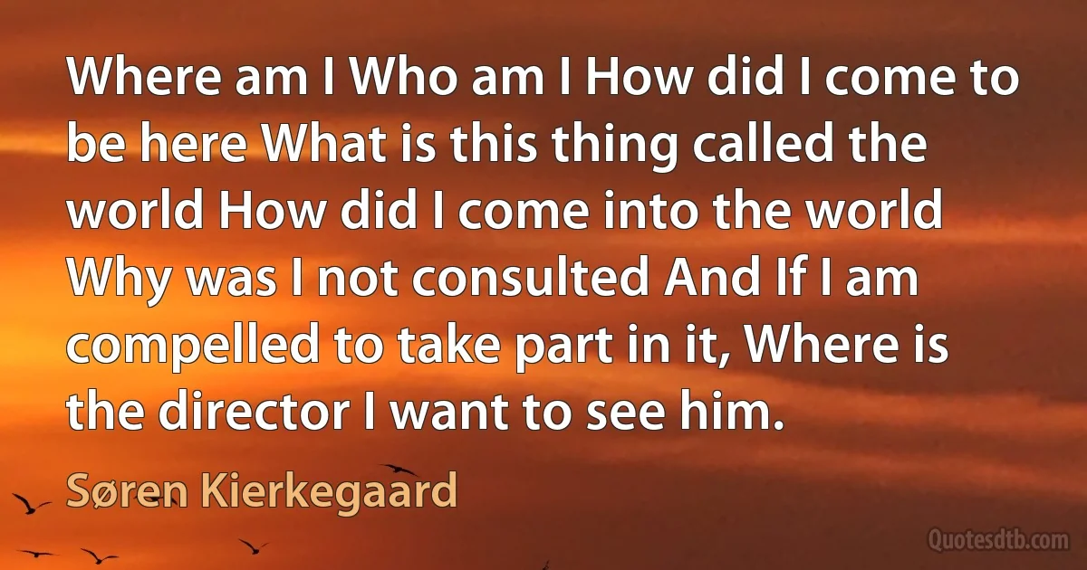 Where am I Who am I How did I come to be here What is this thing called the world How did I come into the world Why was I not consulted And If I am compelled to take part in it, Where is the director I want to see him. (Søren Kierkegaard)