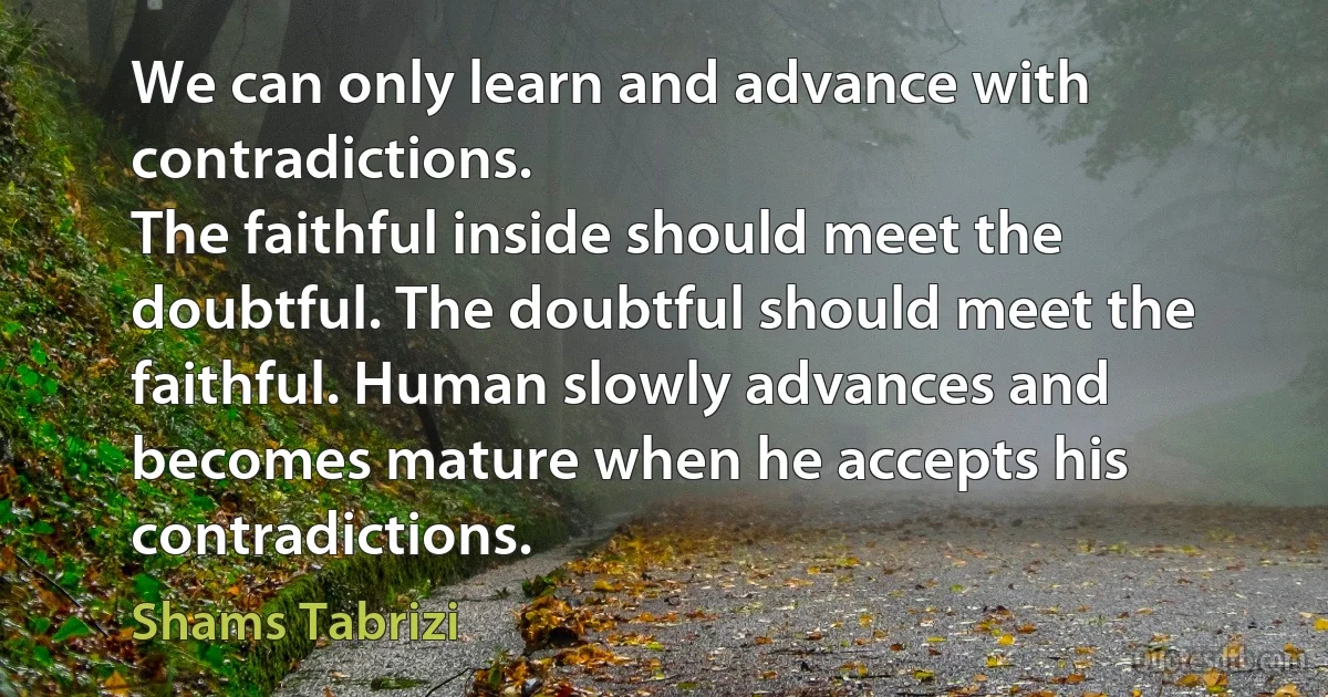 We can only learn and advance with contradictions.
The faithful inside should meet the doubtful. The doubtful should meet the faithful. Human slowly advances and becomes mature when he accepts his contradictions. (Shams Tabrizi)