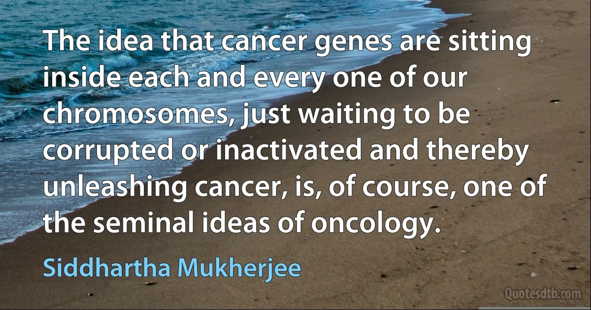 The idea that cancer genes are sitting inside each and every one of our chromosomes, just waiting to be corrupted or inactivated and thereby unleashing cancer, is, of course, one of the seminal ideas of oncology. (Siddhartha Mukherjee)