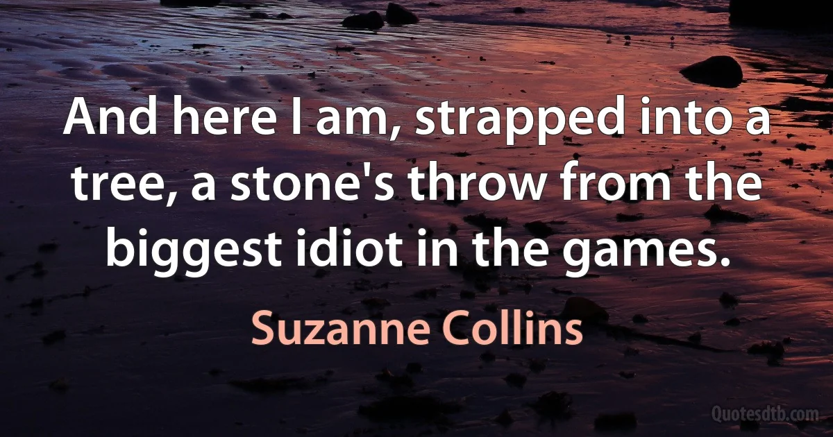 And here I am, strapped into a tree, a stone's throw from the biggest idiot in the games. (Suzanne Collins)