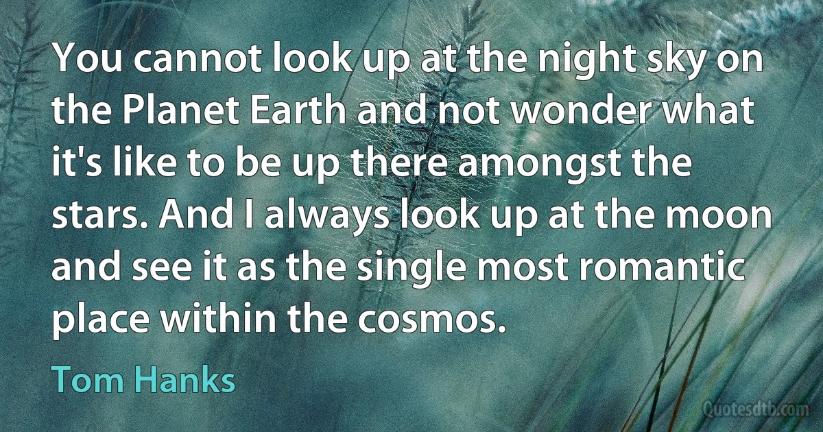 You cannot look up at the night sky on the Planet Earth and not wonder what it's like to be up there amongst the stars. And I always look up at the moon and see it as the single most romantic place within the cosmos. (Tom Hanks)