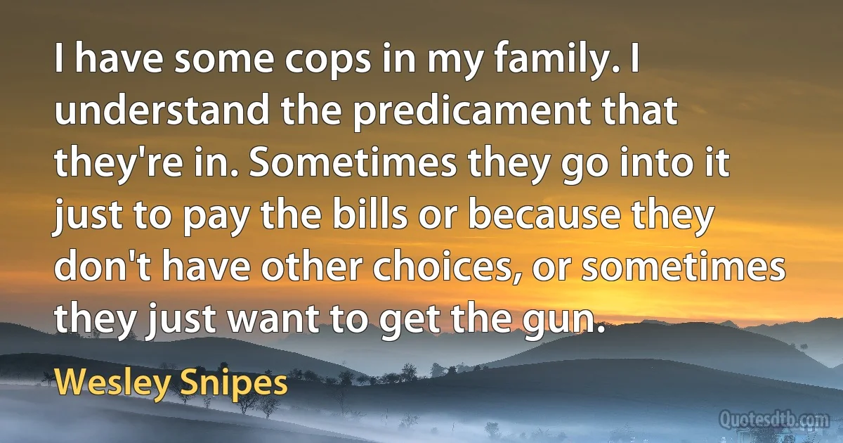 I have some cops in my family. I understand the predicament that they're in. Sometimes they go into it just to pay the bills or because they don't have other choices, or sometimes they just want to get the gun. (Wesley Snipes)